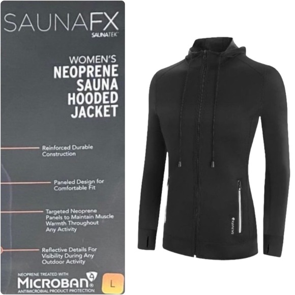 SaunaFX Neoprene Sauna Jacket Womens Large Black Hooded Reflective NIB - Picture 1 of 15
